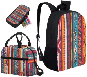 Aztec Tribal Stripe Print Backpack Shoulder Lunch Bag and Pen Case Bag Set Ethnic Retro Zigzag Geometry Pattern 3 Pcs Travel Laptop Backpack Fit for Gifts for Men & Women