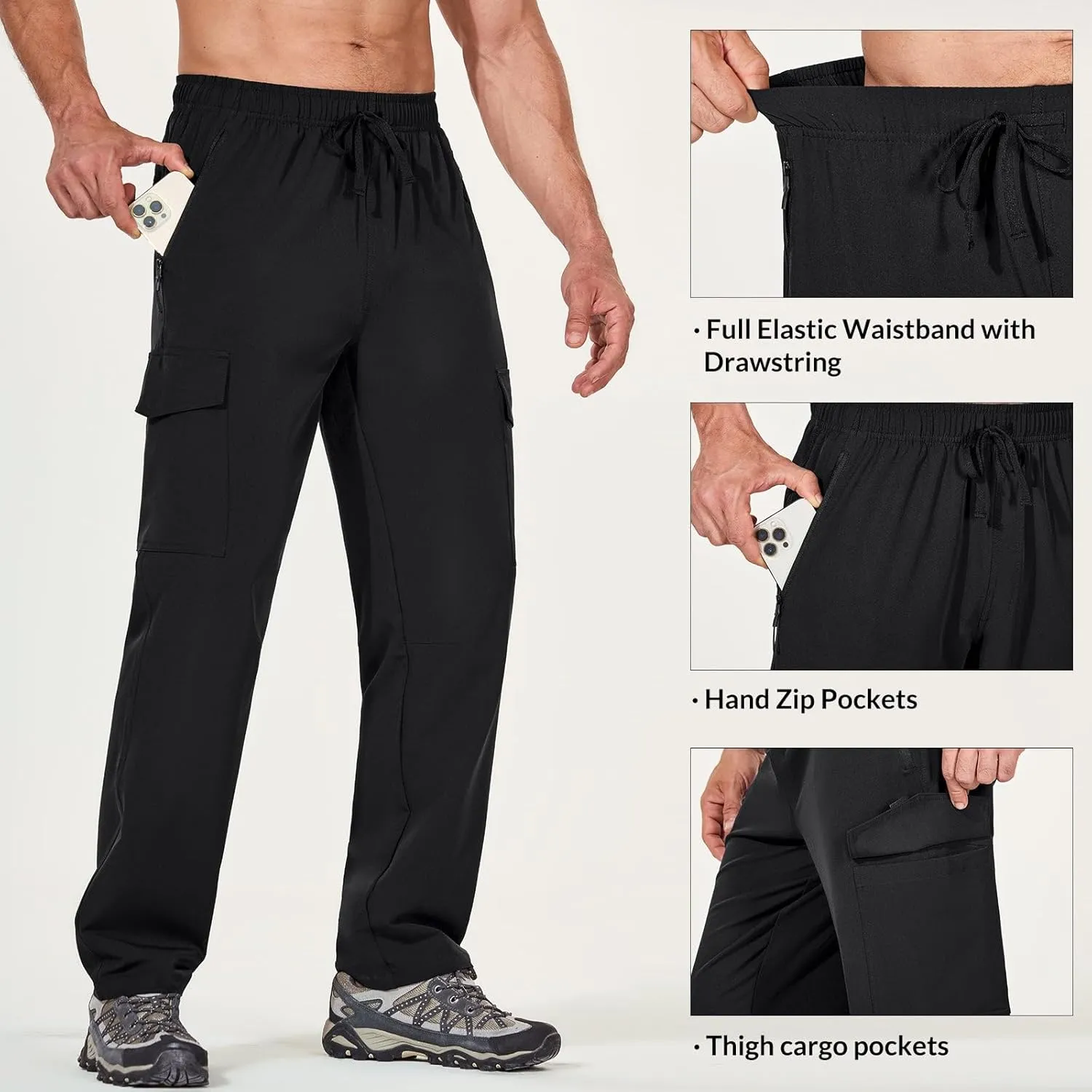 baleaf Men's Hiking Pants Water Resistant Cargo Quick Dry Travel Elastic Waist with Zip Pockets UPF 50  for Work Running
