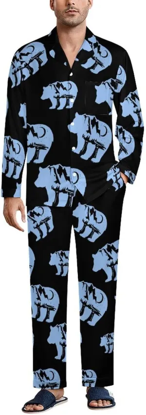 Bear Mountain Moon 2 PCS Men Pajama Set Long Sleeve Button-down Shirts Tops & Sleep Pants Loungewear