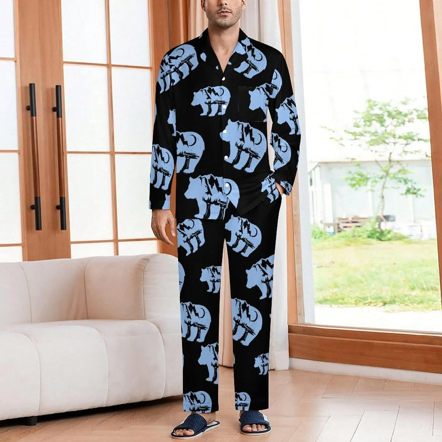 Bear Mountain Moon 2 PCS Men Pajama Set Long Sleeve Button-down Shirts Tops & Sleep Pants Loungewear