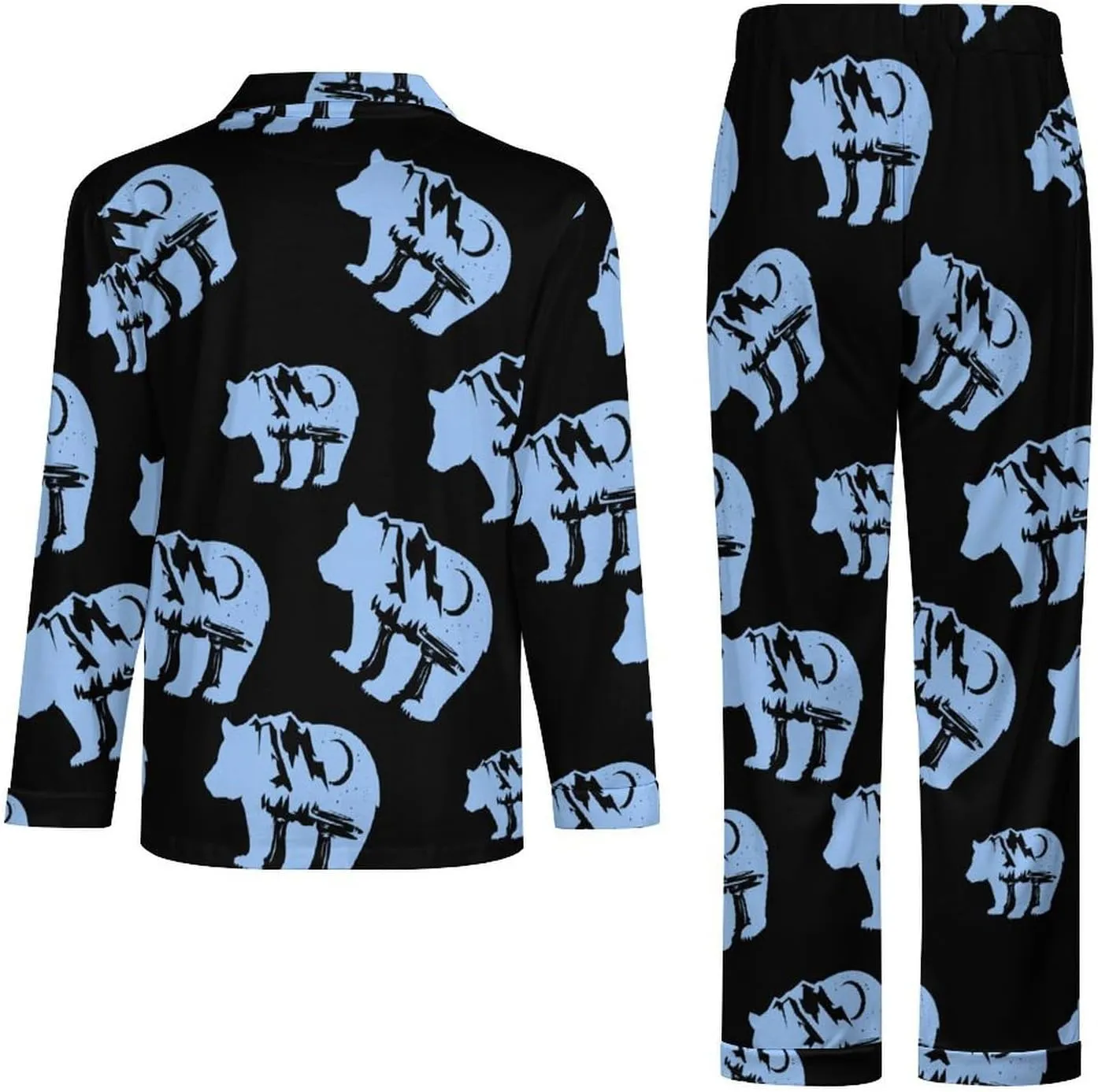 Bear Mountain Moon 2 PCS Men Pajama Set Long Sleeve Button-down Shirts Tops & Sleep Pants Loungewear