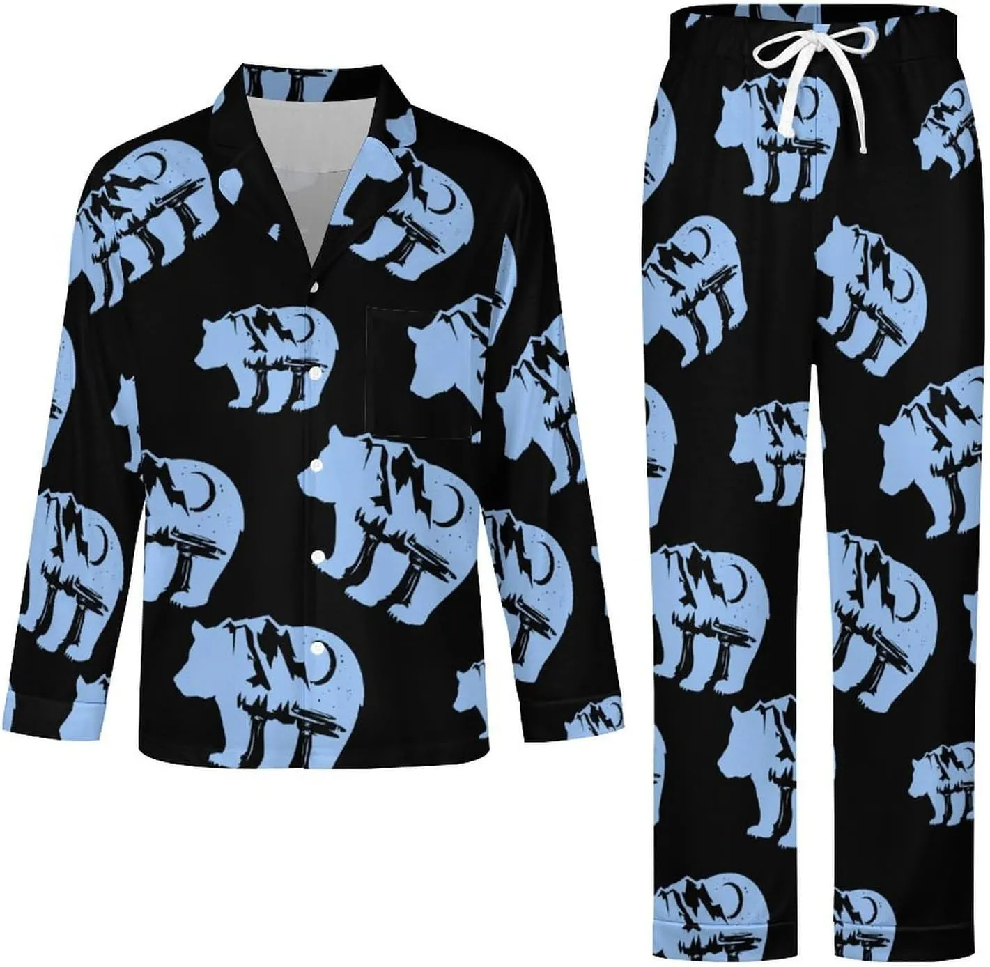 Bear Mountain Moon 2 PCS Men Pajama Set Long Sleeve Button-down Shirts Tops & Sleep Pants Loungewear