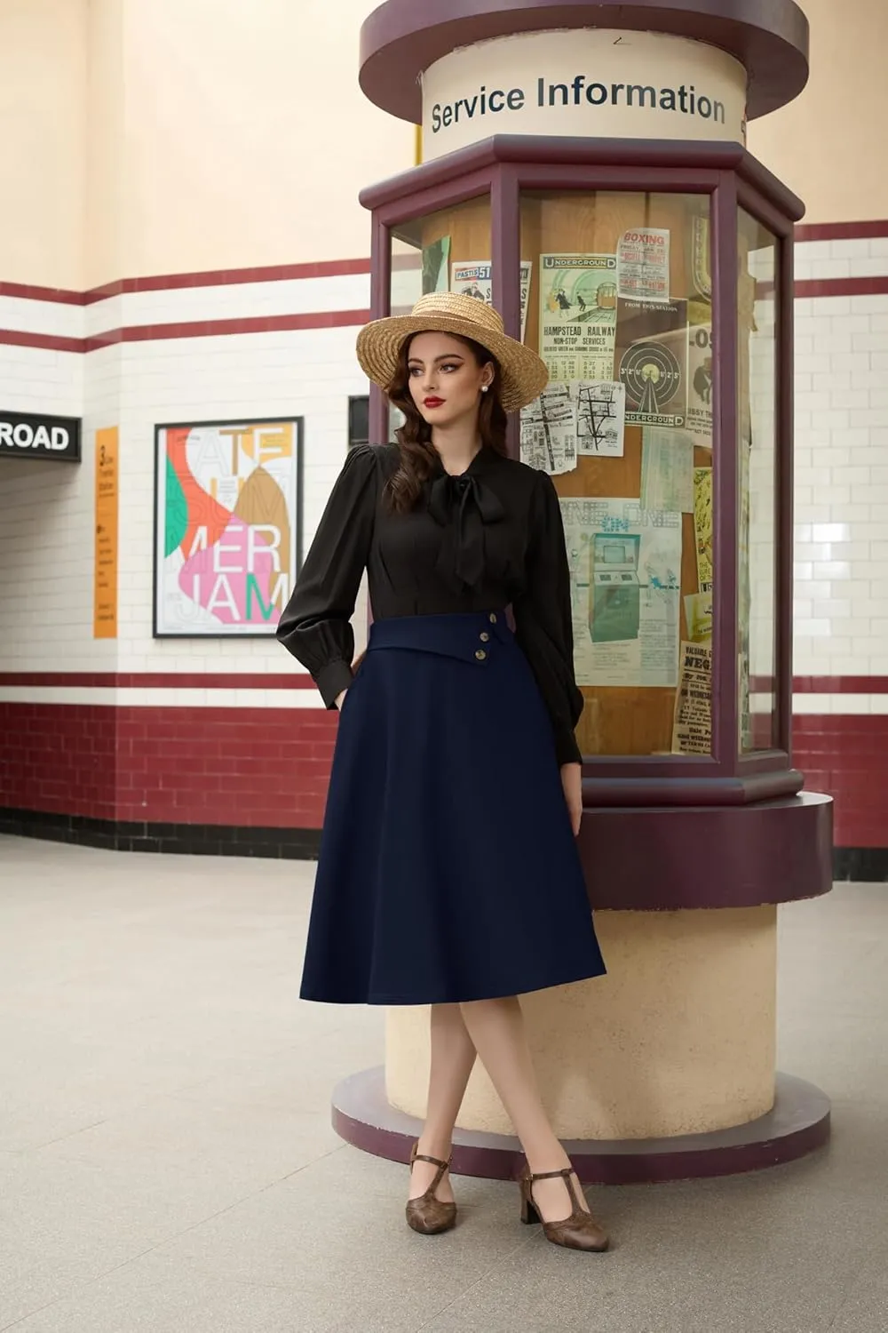 Belle Poque Womens High Waisted Skirts with Pockets Swing A Line Vintage Midi Skirt