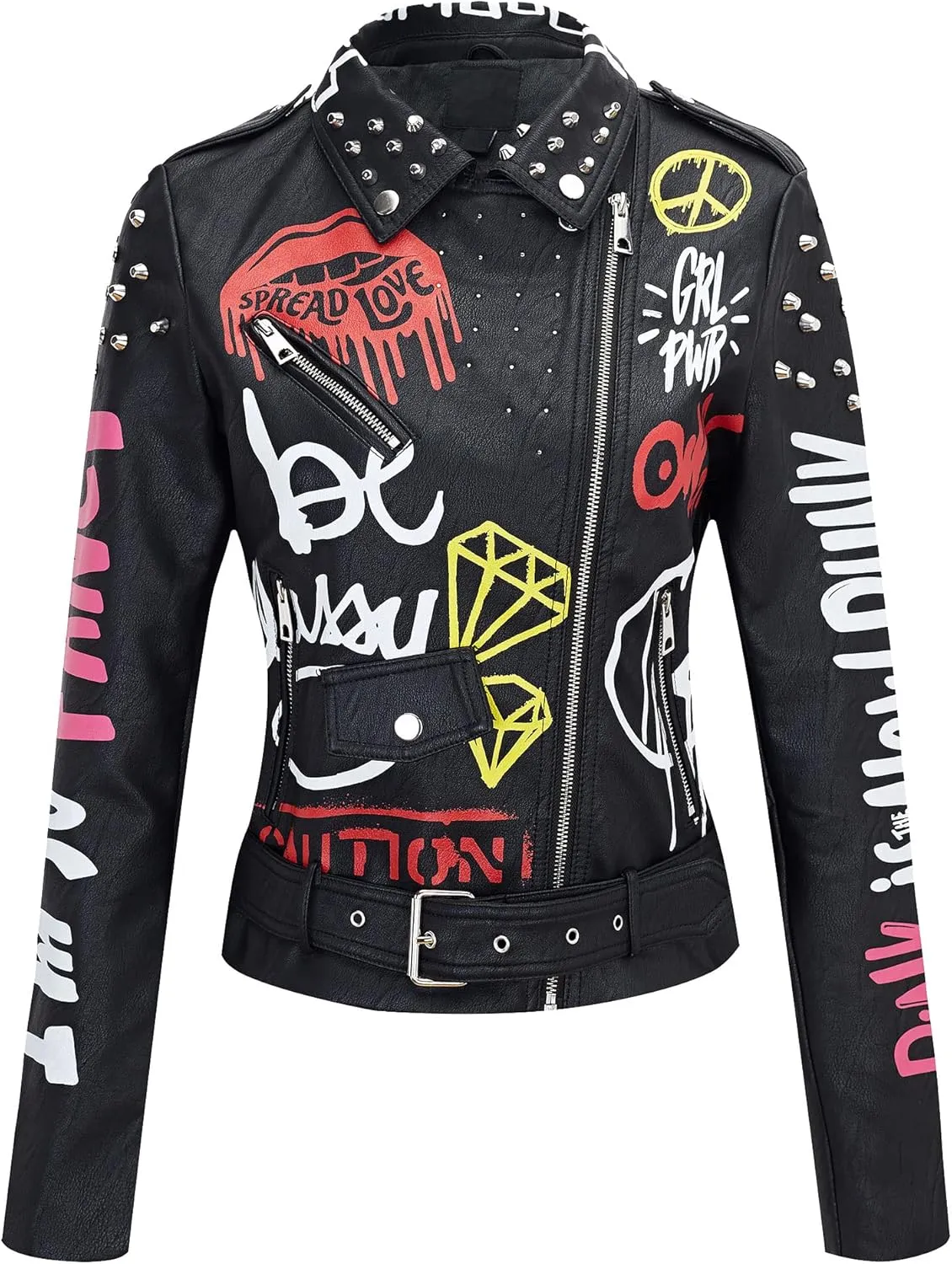 Bellivera Faux Leather Jacket for Women Studded Rivet Floral Moto Biker Short Lapel Coat
