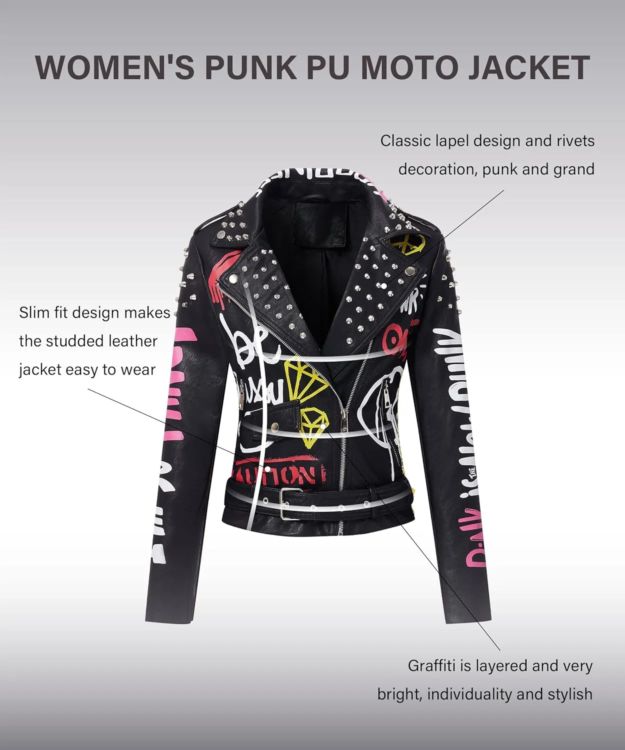 Bellivera Faux Leather Jacket for Women Studded Rivet Floral Moto Biker Short Lapel Coat