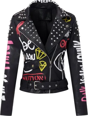 Bellivera Faux Leather Jacket for Women Studded Rivet Floral Moto Biker Short Lapel Coat