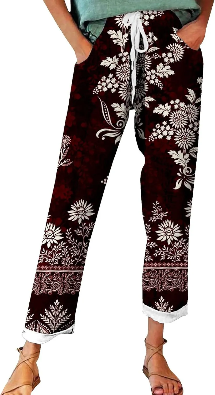 Belted Linen Pants Summer Womens Linen Capris with Pockets Womens Linen Loose Fit Pants Casual