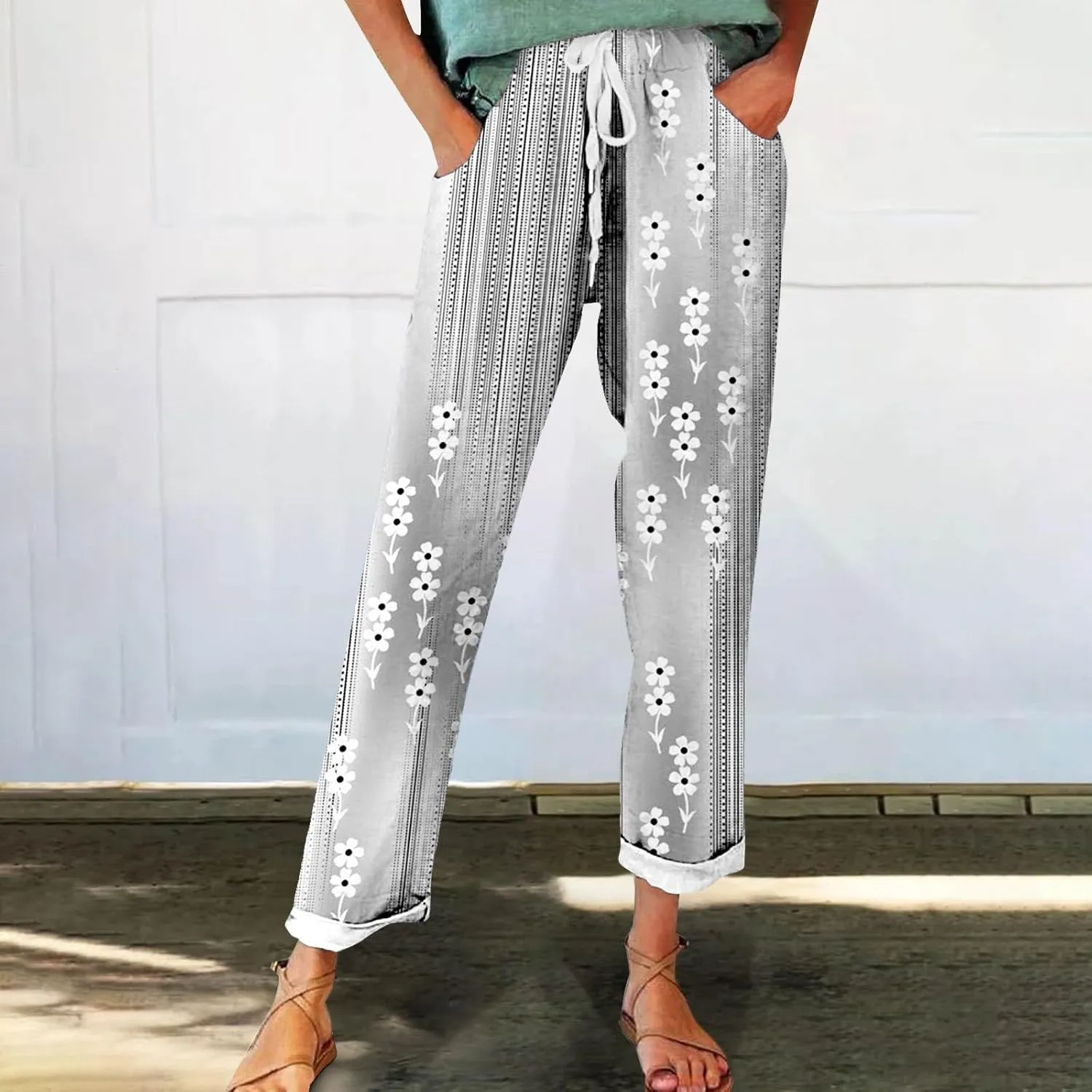 Belted Linen Pants Summer Womens Linen Capris with Pockets Womens Linen Loose Fit Pants Casual
