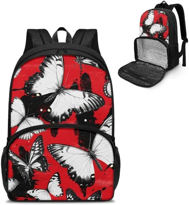 Black Butterfly Print Large Travel Backpack for Women Men Cartoon Silhouette Butterflies Pattern 17 Inch Insulated Cooler Backpack Adult Lunch Box Bookbag, Red