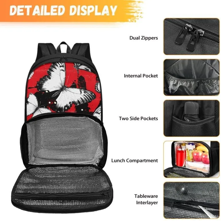 Black Butterfly Print Large Travel Backpack for Women Men Cartoon Silhouette Butterflies Pattern 17 Inch Insulated Cooler Backpack Adult Lunch Box Bookbag, Red