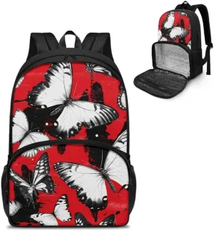 Black Butterfly Print Large Travel Backpack for Women Men Cartoon Silhouette Butterflies Pattern 17 Inch Insulated Cooler Backpack Adult Lunch Box Bookbag, Red
