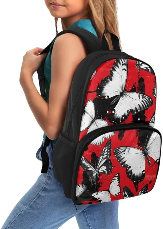 Black Butterfly Print Large Travel Backpack for Women Men Cartoon Silhouette Butterflies Pattern 17 Inch Insulated Cooler Backpack Adult Lunch Box Bookbag, Red