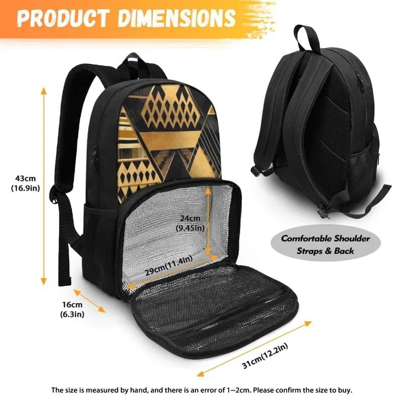 Black Golden Geometry Print Everyday Laptop Backpack Sturdy Lunch Box for Women Men Art Irregular Pattern Backpack for Picnic College Travel