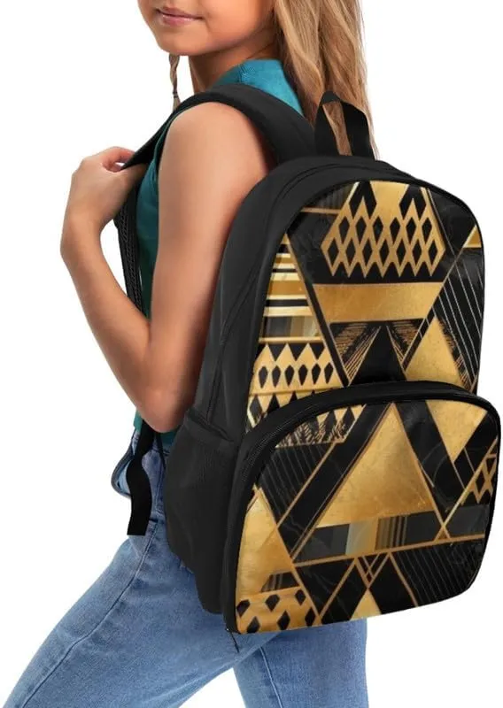 Black Golden Geometry Print Everyday Laptop Backpack Sturdy Lunch Box for Women Men Art Irregular Pattern Backpack for Picnic College Travel