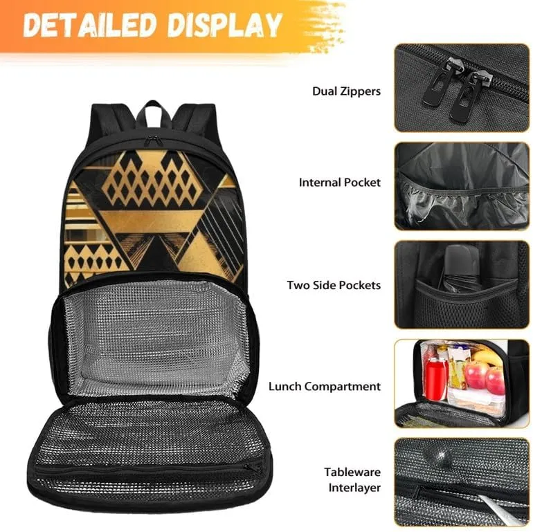 Black Golden Geometry Print Everyday Laptop Backpack Sturdy Lunch Box for Women Men Art Irregular Pattern Backpack for Picnic College Travel