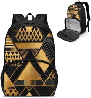 Black Golden Geometry Print Everyday Laptop Backpack Sturdy Lunch Box for Women Men Art Irregular Pattern Backpack for Picnic College Travel