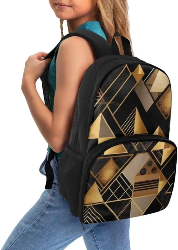 Black Golden Geometry Print Insulated Lunchbox Nordic Style Irregular Pattern Backpack Lightweight Laptop Backpack for Sports, Travel, Business or College