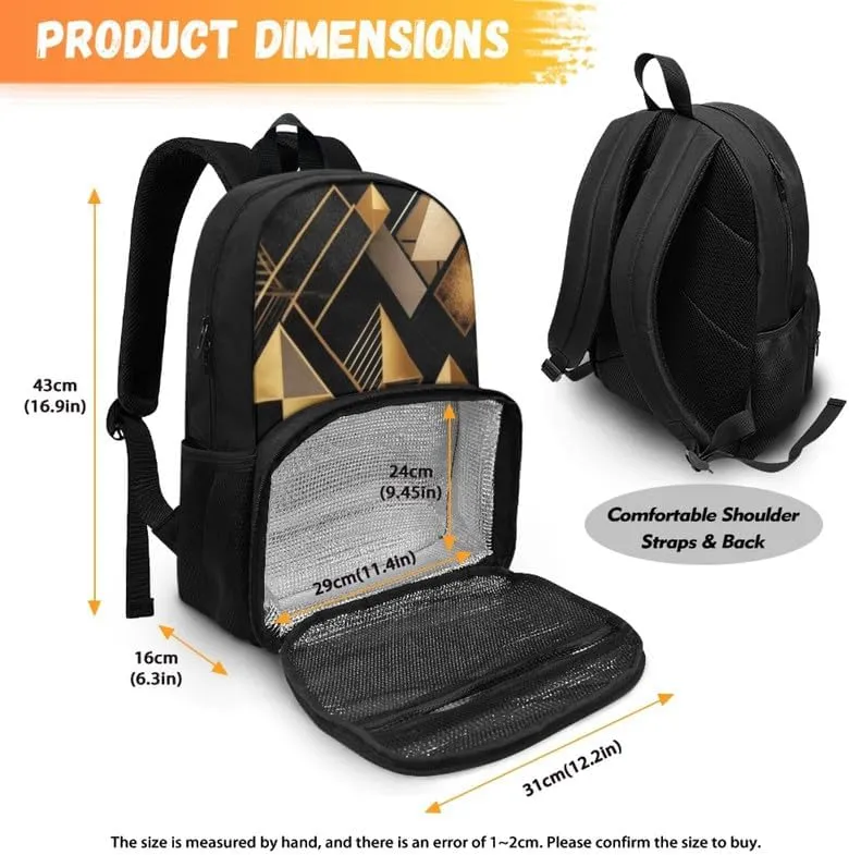 Black Golden Geometry Print Insulated Lunchbox Nordic Style Irregular Pattern Backpack Lightweight Laptop Backpack for Sports, Travel, Business or College