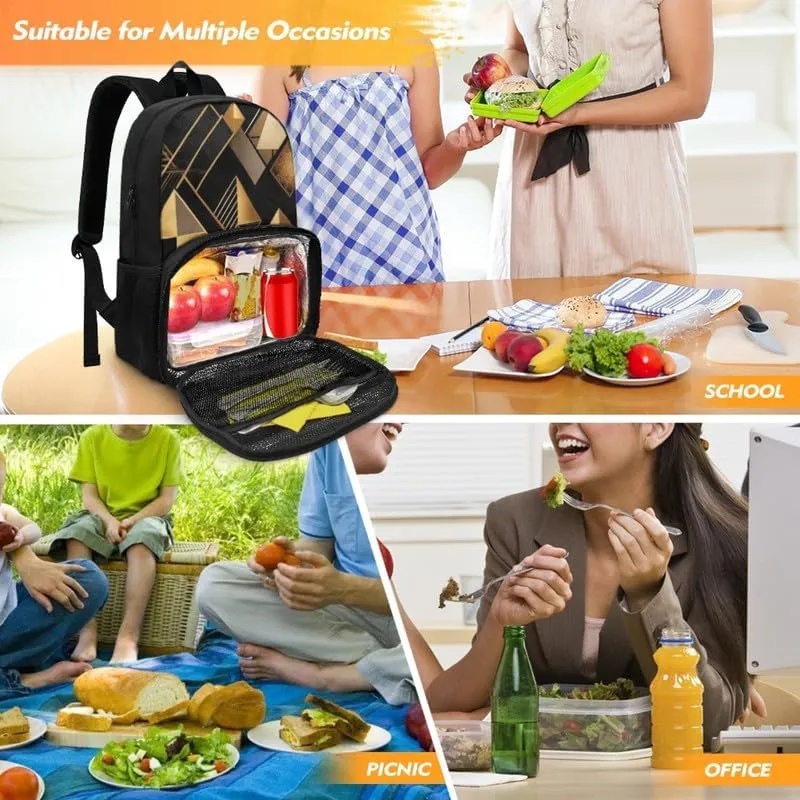 Black Golden Geometry Print Insulated Lunchbox Nordic Style Irregular Pattern Backpack Lightweight Laptop Backpack for Sports, Travel, Business or College