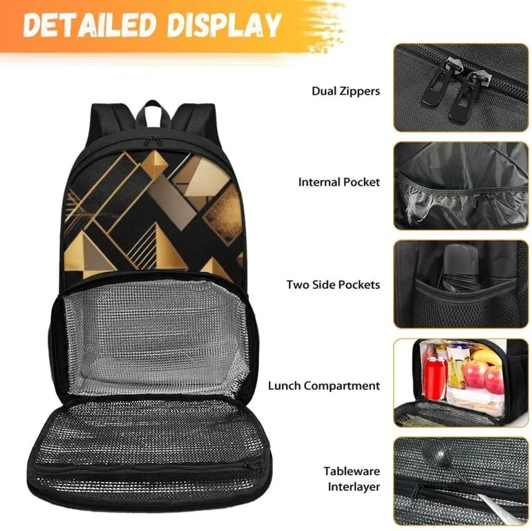 Black Golden Geometry Print Insulated Lunchbox Nordic Style Irregular Pattern Backpack Lightweight Laptop Backpack for Sports, Travel, Business or College
