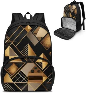 Black Golden Geometry Print Insulated Lunchbox Nordic Style Irregular Pattern Backpack Lightweight Laptop Backpack for Sports, Travel, Business or College