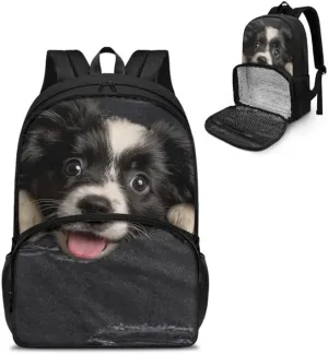 Black Jeans Pocket Dog Print Lunch Backpack for Women Men Cartoon Border Collie Painting Travel Durable Backpack Backpack with Soft Shoulder Straps