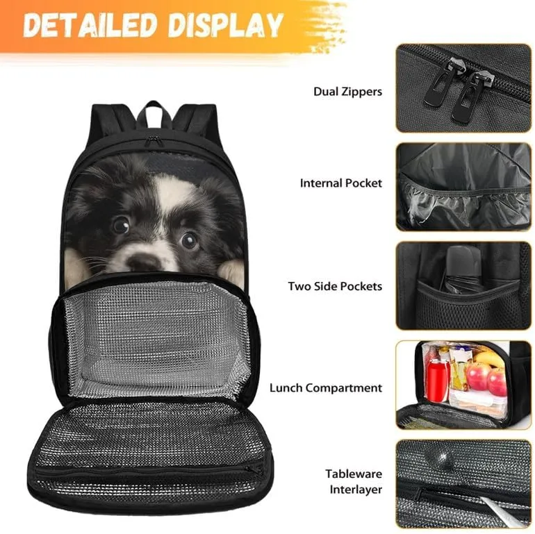 Black Jeans Pocket Dog Print Lunch Backpack for Women Men Cartoon Border Collie Painting Travel Durable Backpack Backpack with Soft Shoulder Straps