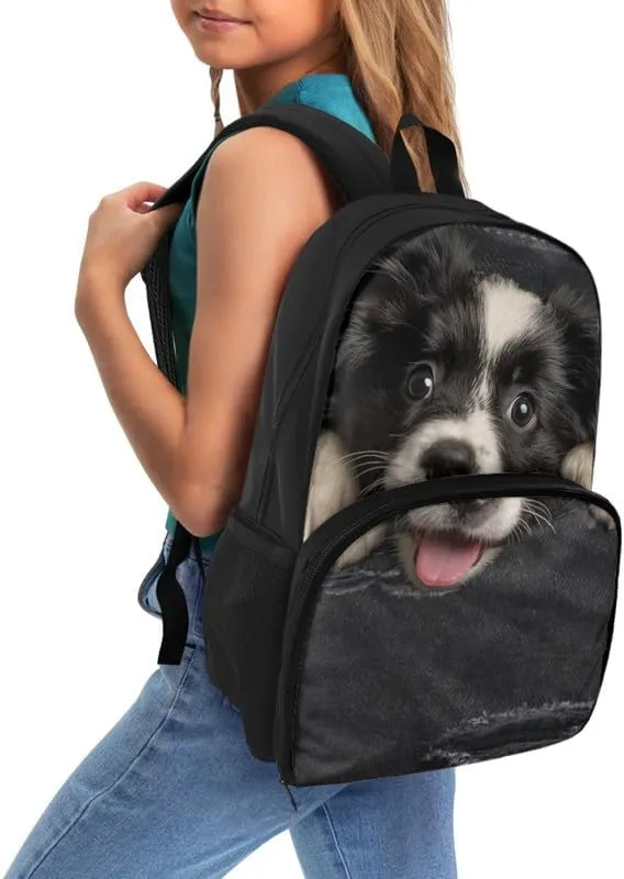 Black Jeans Pocket Dog Print Lunch Backpack for Women Men Cartoon Border Collie Painting Travel Durable Backpack Backpack with Soft Shoulder Straps