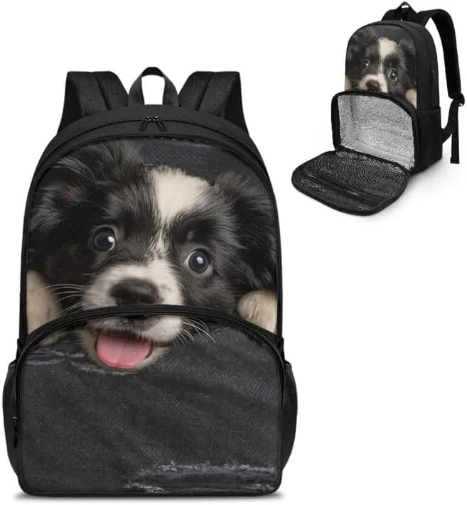 Black Jeans Pocket Dog Print Lunch Backpack for Women Men Cartoon Border Collie Painting Travel Durable Backpack Backpack with Soft Shoulder Straps