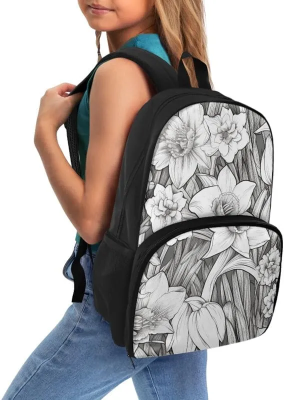 Black White Orchid Floral Print Large Travel Backpack for Women Men Cartoon Art Sketch Painting 17 Inch Insulated Cooler Backpack Adult Lunch Box Bookbag