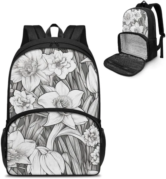 Black White Orchid Floral Print Large Travel Backpack for Women Men Cartoon Art Sketch Painting 17 Inch Insulated Cooler Backpack Adult Lunch Box Bookbag
