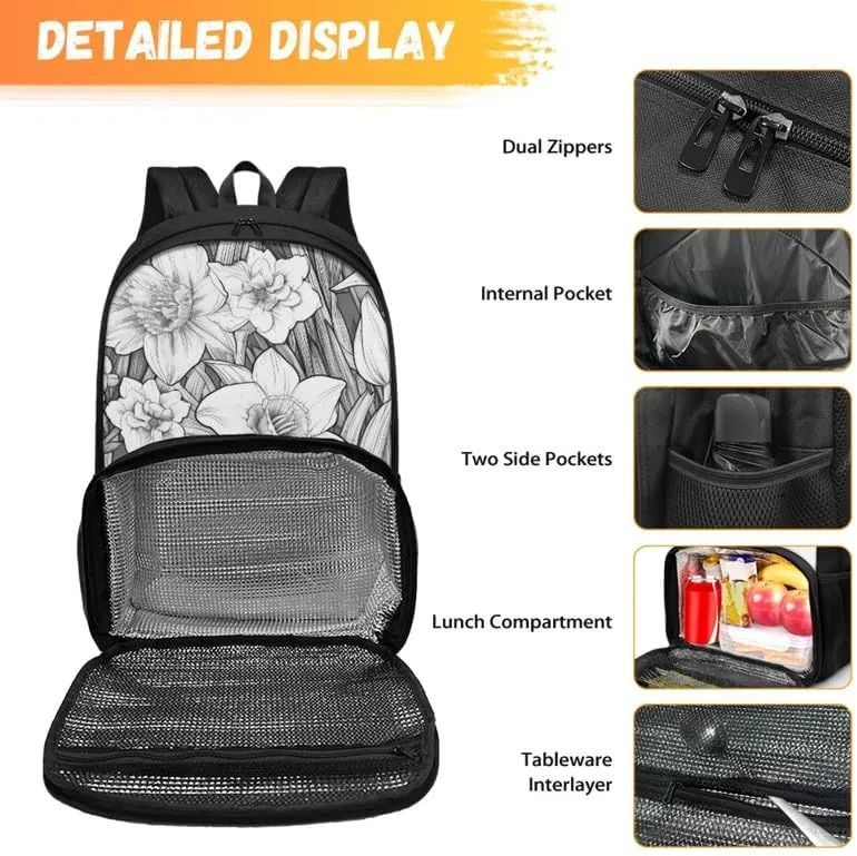Black White Orchid Floral Print Large Travel Backpack for Women Men Cartoon Art Sketch Painting 17 Inch Insulated Cooler Backpack Adult Lunch Box Bookbag