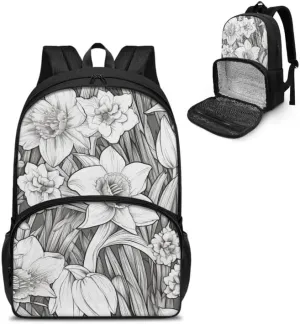 Black White Orchid Floral Print Large Travel Backpack for Women Men Cartoon Art Sketch Painting 17 Inch Insulated Cooler Backpack Adult Lunch Box Bookbag