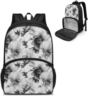 Black White Peony Flower Print College School Lunch Box Bag Retro Art Floral Painting 17 In College Backpack for Weekender Business Hiking Holiday