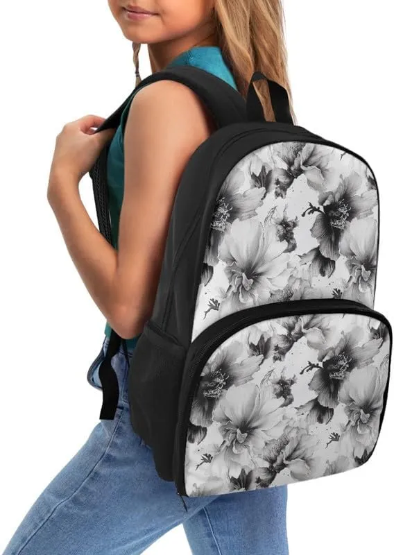 Black White Peony Flower Print College School Lunch Box Bag Retro Art Floral Painting 17 In College Backpack for Weekender Business Hiking Holiday