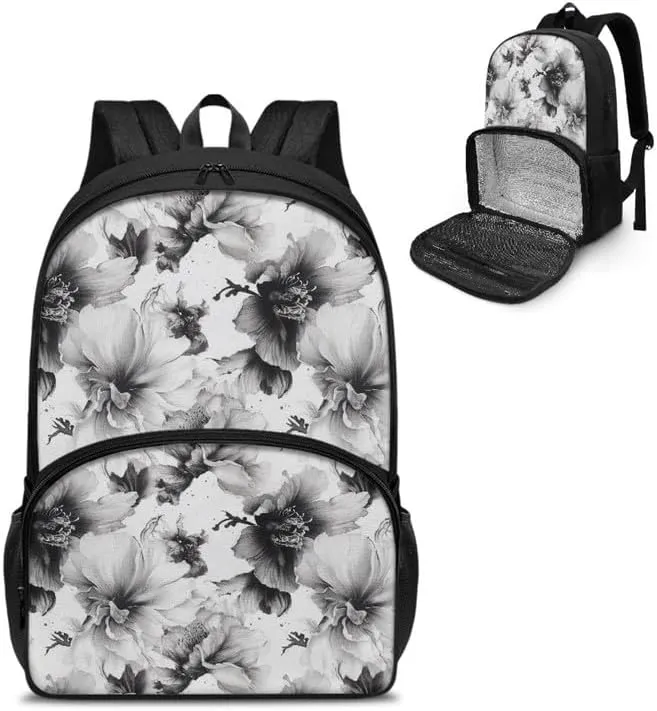 Black White Peony Flower Print College School Lunch Box Bag Retro Art Floral Painting 17 In College Backpack for Weekender Business Hiking Holiday