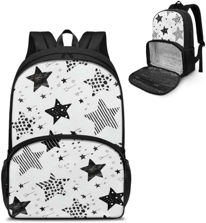 Black White Starry Sky Print Travel Backpack for Women Cartoon Stripe Spot Star Pattern Lightweight Large Backpacks Cow Skin Print Student Laptop Bookbag