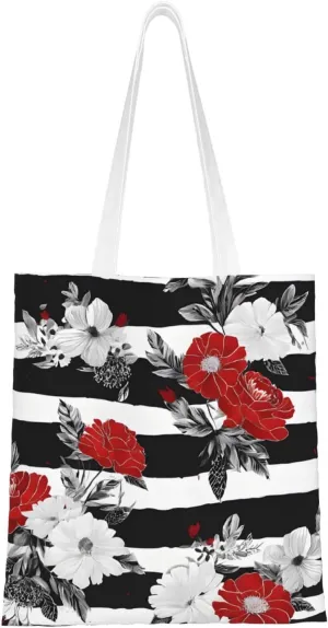 (Black White Stripes Red Rose Flowers) Reusable Canvas Tote Bag For Women Lightweight Handbag Shopping Bag Stylish Shoulder Bag