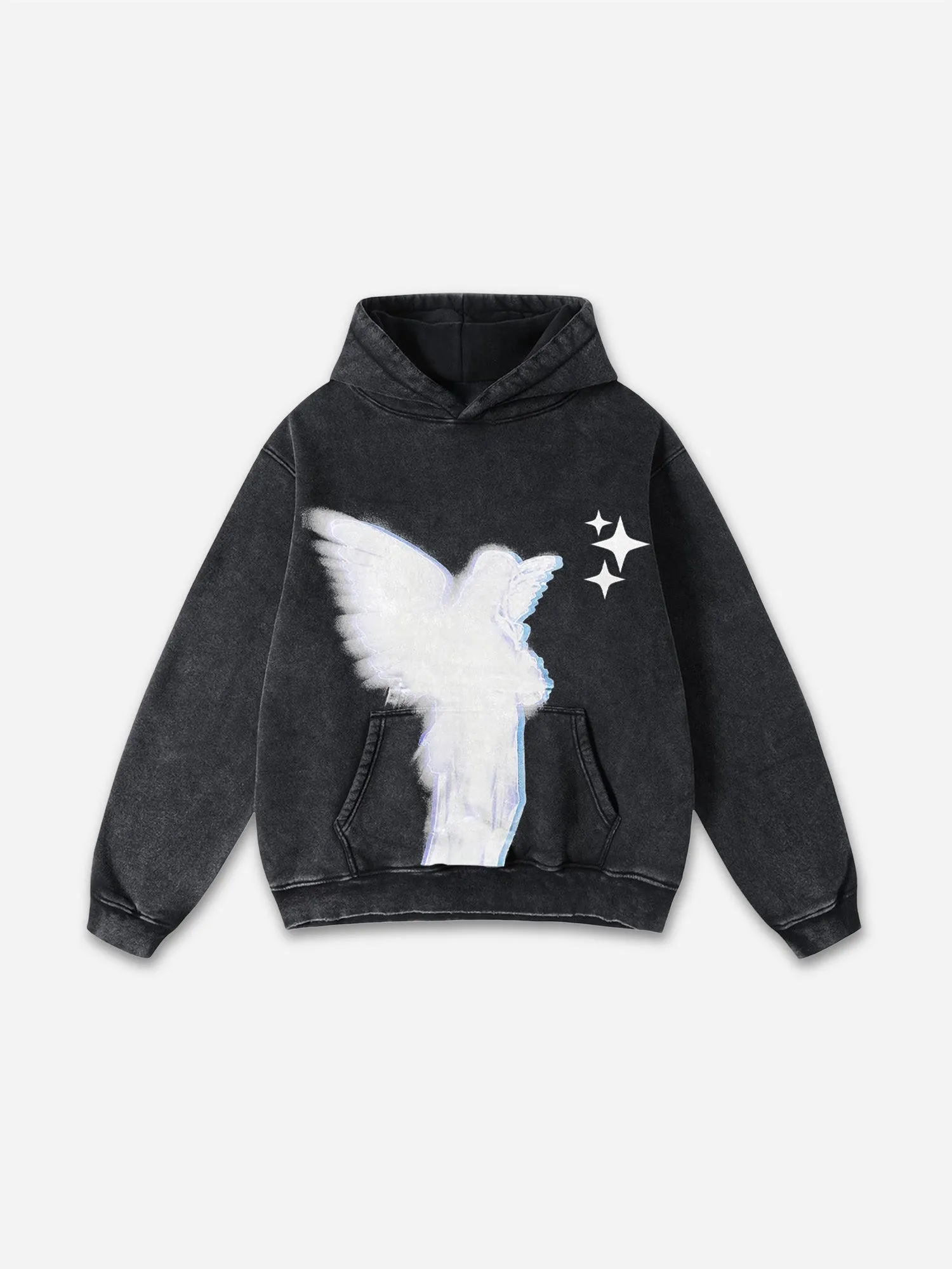 Blavra Angel Print Graphic Acid Washed Oversized Hoodie