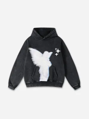 Blavra Angel Print Graphic Acid Washed Oversized Hoodie