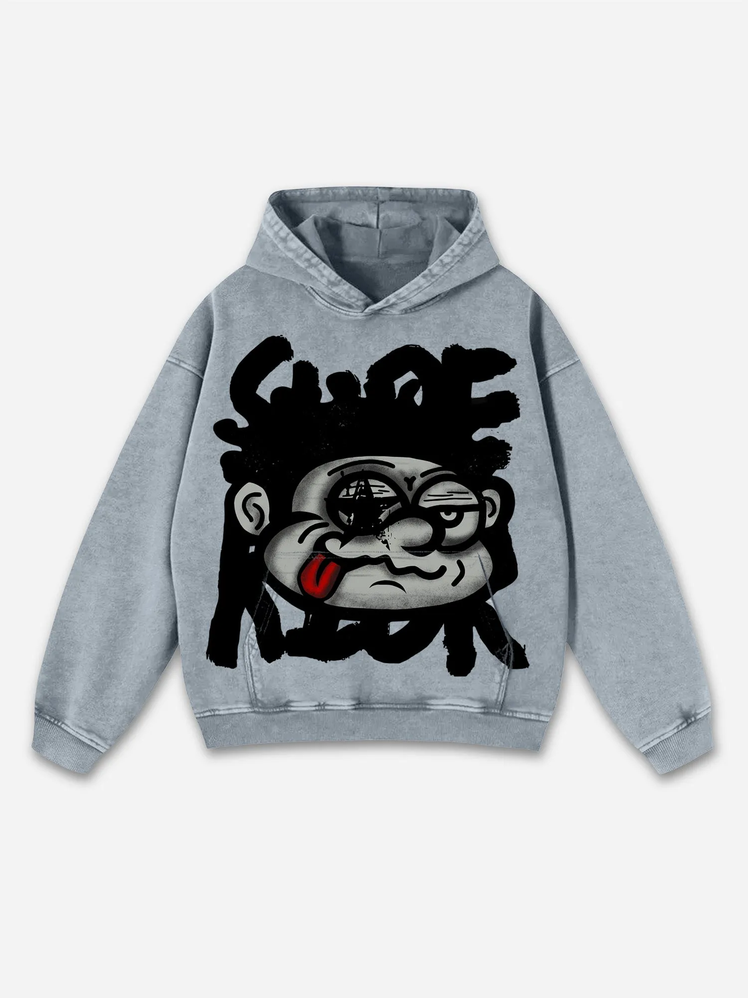 Blavra Vintage Big Face Graphic Print Washed Hoodie