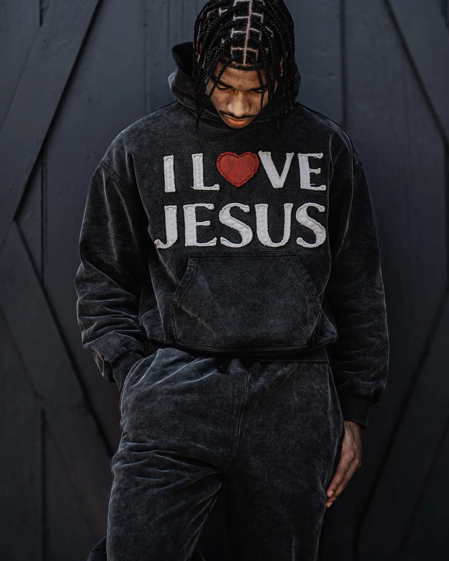 Blavra Vintage I Love Jesus Graphic Acid Washed Oversized Hoodie