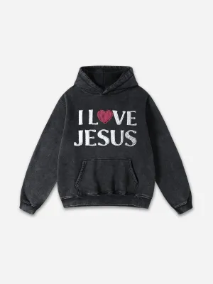 Blavra Vintage I Love Jesus Graphic Acid Washed Oversized Hoodie