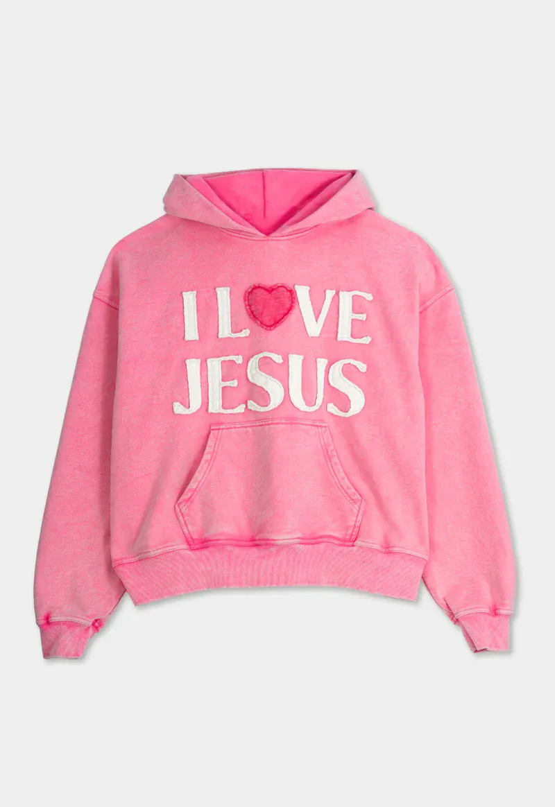 Blavra Vintage I Love Jesus Graphic Acid Washed Oversized Hoodie