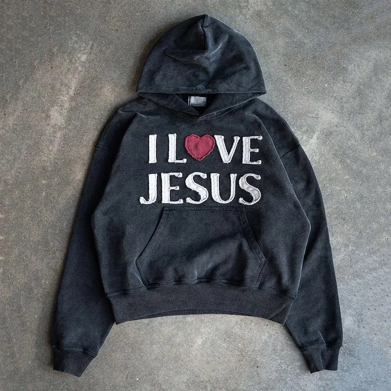 Blavra Vintage I Love Jesus Graphic Acid Washed Oversized Hoodie