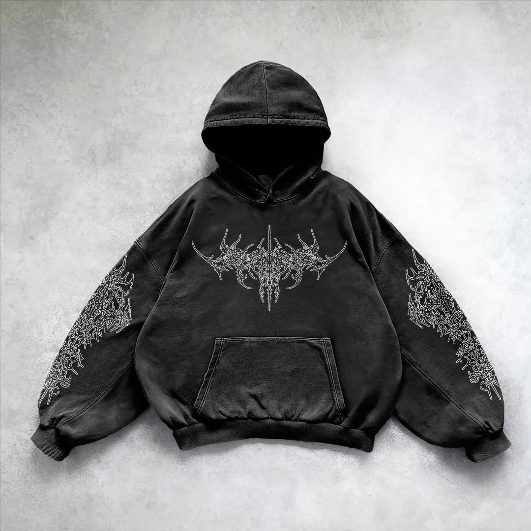 Blavra Vintage Siyah Punk Gothic Graphic Acid Washed Oversized Hoodie