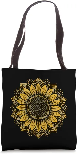 Boho Sunflower Mandala Art. Floral Spiritual Yoga Nature Tote Bag