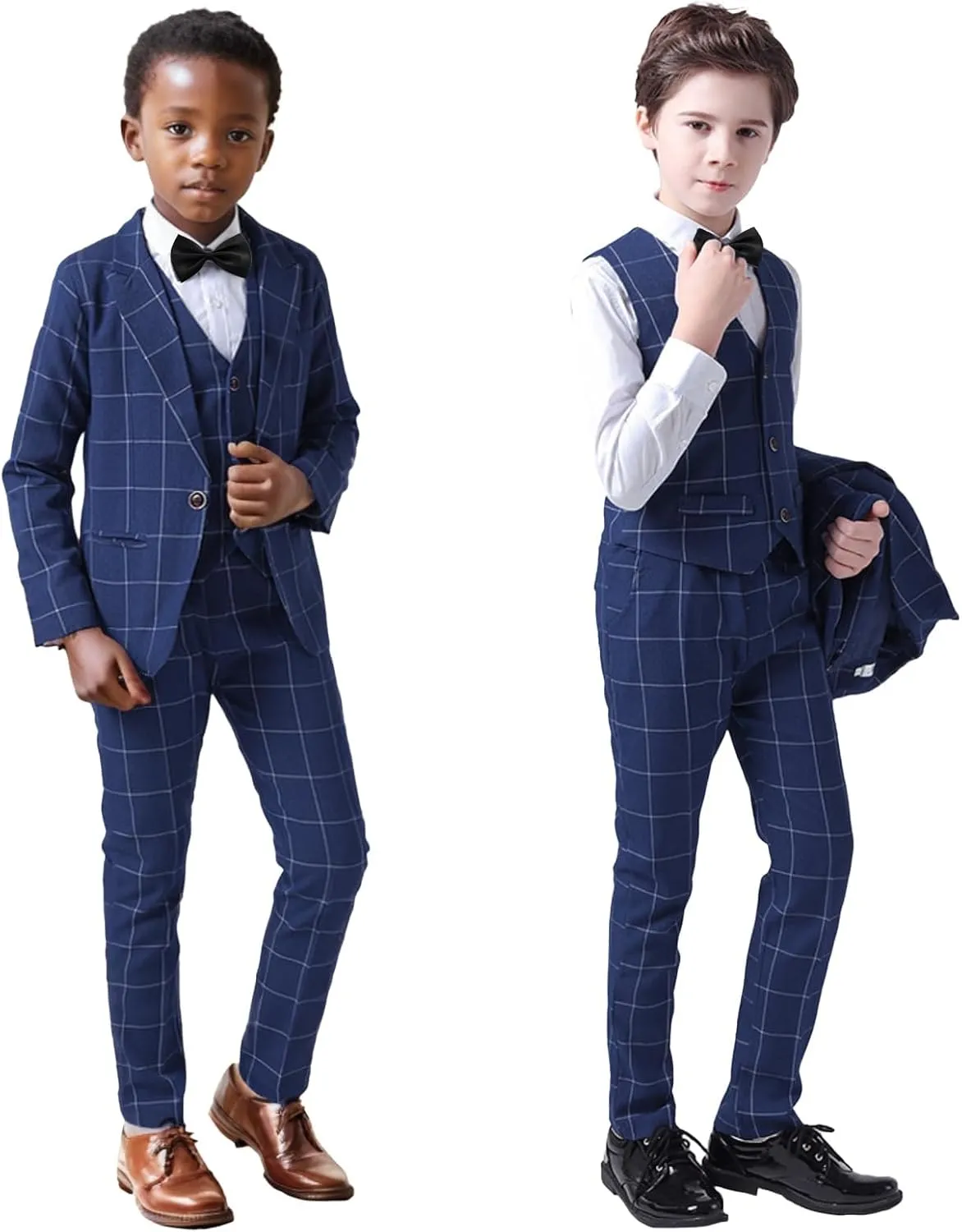 Boys Plaid Suit 5 Piece Formal Outfits Slim Fit Dress Clothes Kids Tuxedo Blazer Shirt Vest Pants Bow Tie
