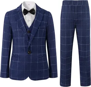 Boys Plaid Suit 5 Piece Formal Outfits Slim Fit Dress Clothes Kids Tuxedo Blazer Shirt Vest Pants Bow Tie