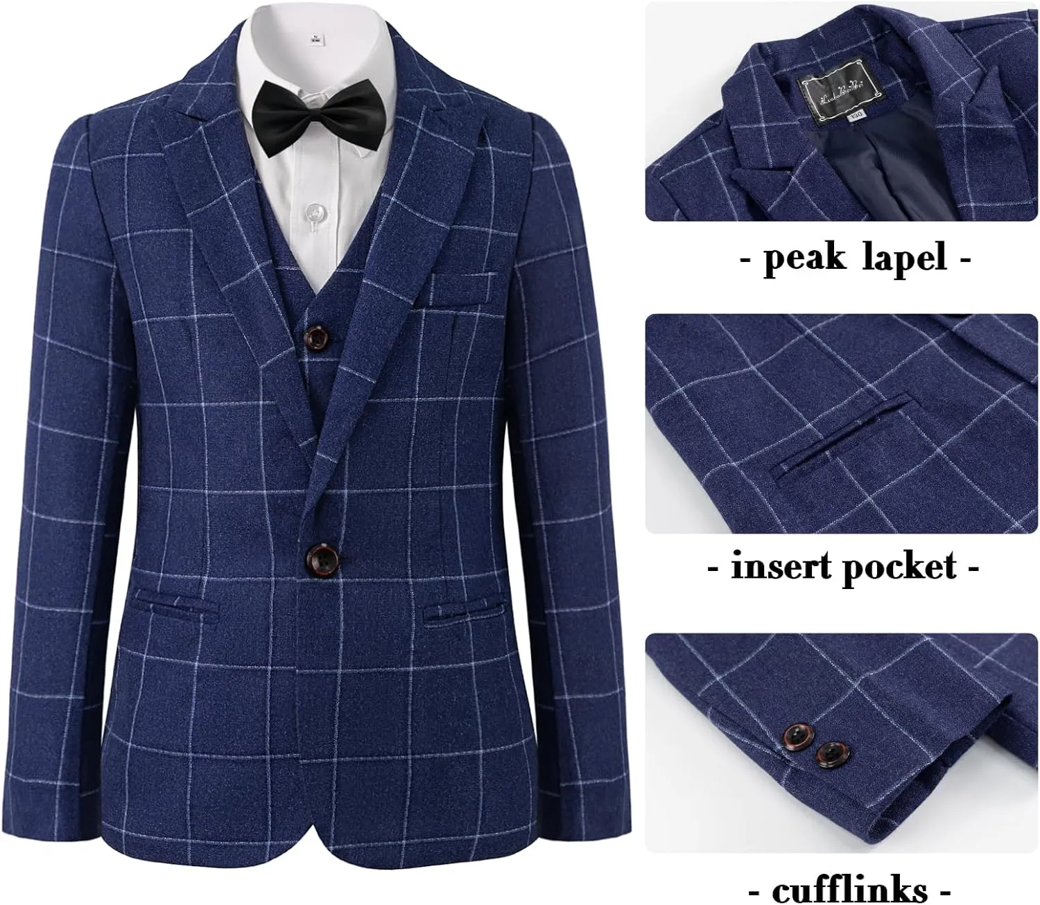 Boys Plaid Suit 5 Piece Formal Outfits Slim Fit Dress Clothes Kids Tuxedo Blazer Shirt Vest Pants Bow Tie